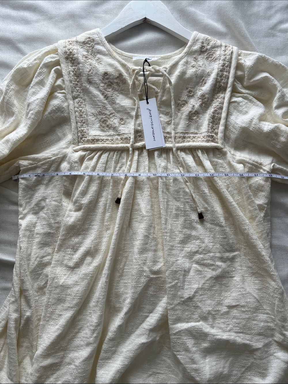 Boho Lace-Up Cream Embroidered Mini Dress - Picture 9 of 10